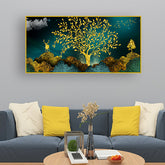 3D mural wallpaper with golden trees, deer, hills & mountains in vintage | Size 2x4 Feet
