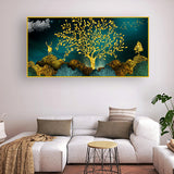 3D mural wallpaper with golden trees, deer, hills & mountains in vintage | Size 2x4 Feet
