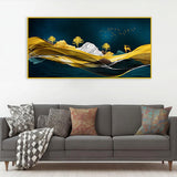 Green & Blue Mountains Landscape on Black Background | Illustration Canvas Wall Art | Size 2x4 Feet