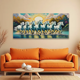 Premium 7 Running Horses Wall Art | Vastu Canvas Painting for Success & Prosperity | Perfect for Living Room or Workspace
