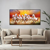 Seven white Running horses in sun rise canvas painting for living room,bedroom, office, hotel et. big size 48x24 inch ready to hang