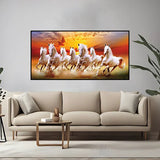 Seven white Running horses in sun rise canvas painting for living room,bedroom, office, hotel et. big size 48x24 inch ready to hang