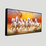 Seven white Running horses in sun rise canvas painting for living room,bedroom, office, hotel et. big size 48x24 inch ready to hang
