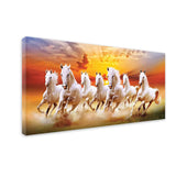 Seven white Running horses in sun rise canvas painting for living room,bedroom, office, hotel et. big size 48x24 inch ready to hang