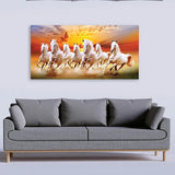 Seven white Running horses in sun rise canvas painting for living room,bedroom, office, hotel et. big size 48x24 inch ready to hang