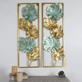 Green & Gold Etchiing Leaves Rectangular Wall Decor Set of 2