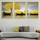 Abstract Golden Stone Art Premium Floating Frame Wall Painting Set of 3