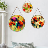 Multicolor Floral Round Framed Canvas Wall Paintings & Art - Set of 3