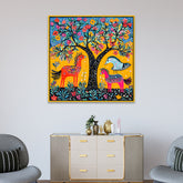 Madhubani Canvas Painting with Nature and Wildlife Depicted in Festive Colors