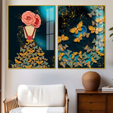 Dress of Golden Butterflies Acrylic Floating Wall Painting Set of 2