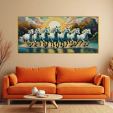 Premium 7 Running Horses Wall Art | Vastu Canvas Painting for Success & Prosperity | Perfect for Living Room or Workspace
