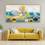 Boat in River Around Hills – Tranquil Landscape Canvas (4x2 Feet)