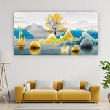 Boat in River Around Hills – Tranquil Landscape Canvas (4x2 Feet)