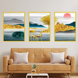 Golden dear landscape Premium Floating Frame Wall Painting Set of 3