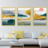 Golden dear landscape Premium Floating Frame Wall Painting Set of 3