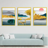 Golden dear landscape Premium Floating Frame Wall Painting Set of 3