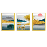 Golden dear landscape Premium Floating Frame Wall Painting Set of 3