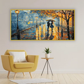 Couple Walking in Rain – Old Town Street Oil Painting | Size 2x4 Feet