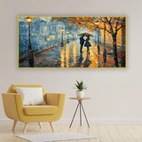 Couple Walking in Rain – Old Town Street Oil Painting | Size 2x4 Feet