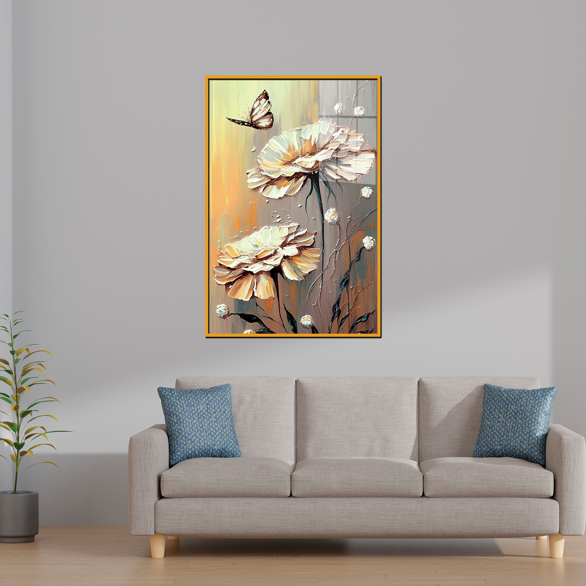 Acrylic Wall Paintings - Hand Painted Abstract Floral with Golden Paint Strokes - Modern Art Poster Decoration Print