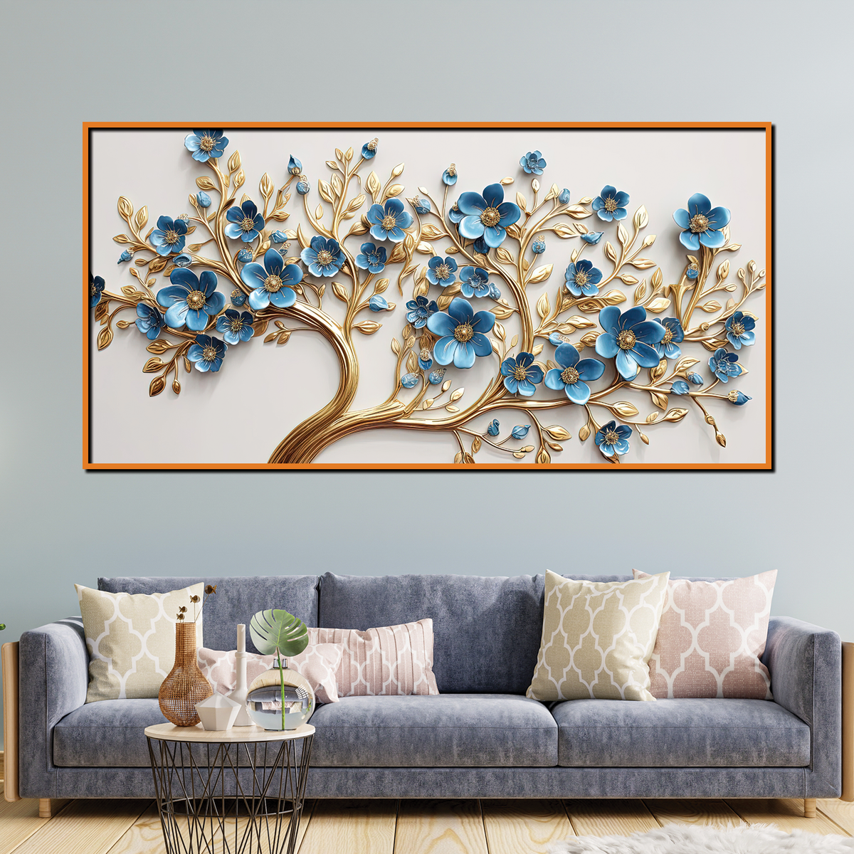 Elegant 3D Golden Tree Wall Art with Blue Floral Accents – Modern Home Décor Panel