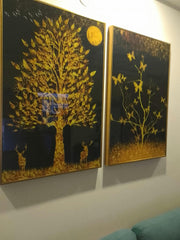 Abstract Golden Shiny Leaves Acrylic Floating Wall Painting Set of 2