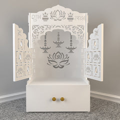 Lotus Wooden Floor Door Temple for Home With Inbuilt focus Lights & Spacious Shelf