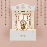 Premium Wall Temple with Inbuilt Focus Light & Spacious Wooden Shelf- White