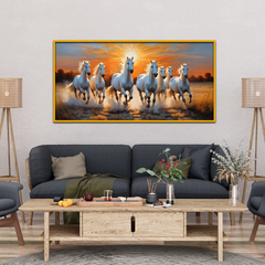 Premium Design Seven Running Horses With Sunrise Canvas Wall Paintings