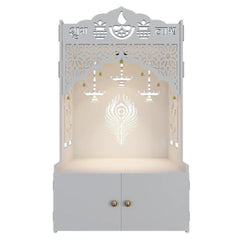 Intricate Jali Wooden Floor Temple with Spacious Shelf & Inbuilt Focus Light- White