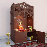 Intricate Jali Wooden Floor Temple with Spacious Shelf & Inbuilt Focus Light- Brown