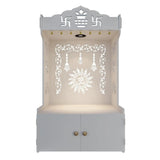 Aesthetic White Wooden Temple for Home with Spacious Shelf & Inbuilt Focus Light