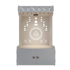 Divine Wooden White Home Temple With Spacious Shelf & Inbuilt Focus Light