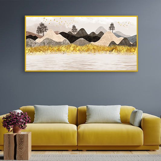 3D Mural Wallpaper for Walls – Golden Mountains, Birds, Trees & Moon Landscape | Size 2x4 Feet