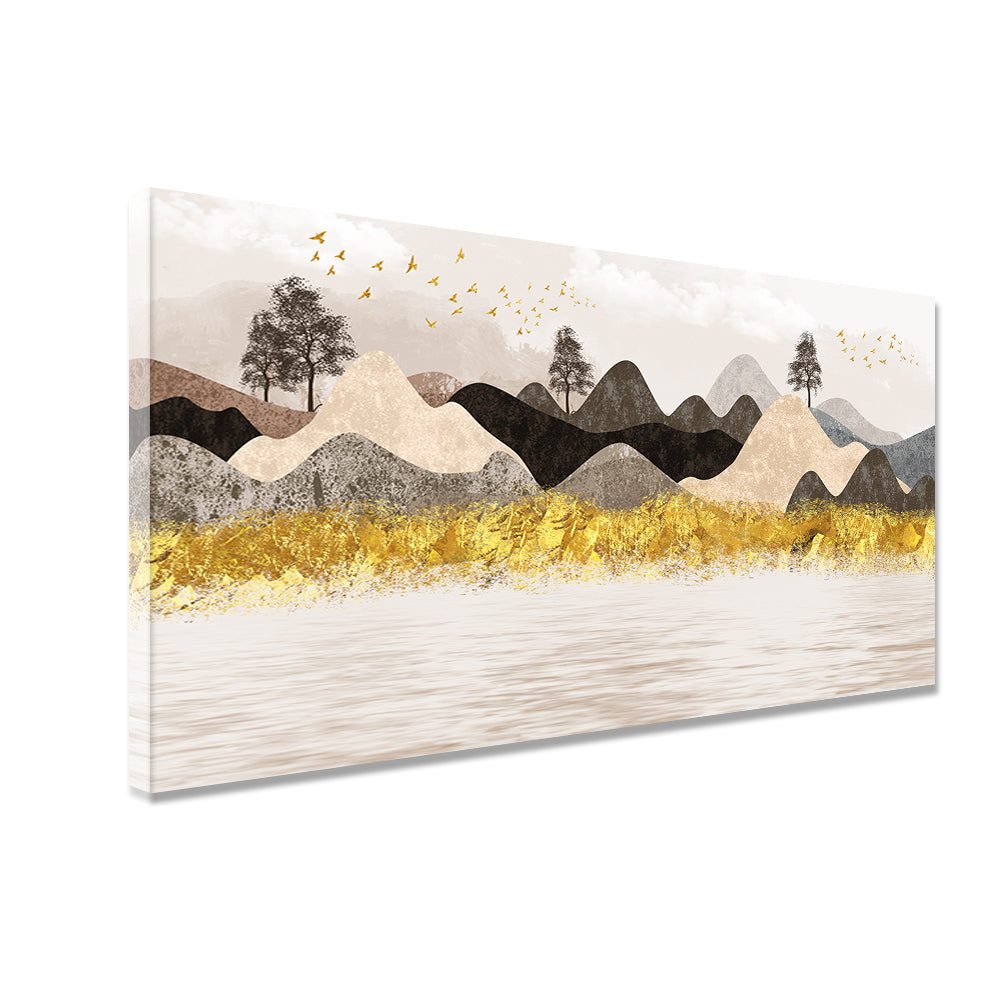 3D Mural Wallpaper for Walls – Golden Mountains, Birds, Trees & Moon Landscape | Size 2x4 Feet