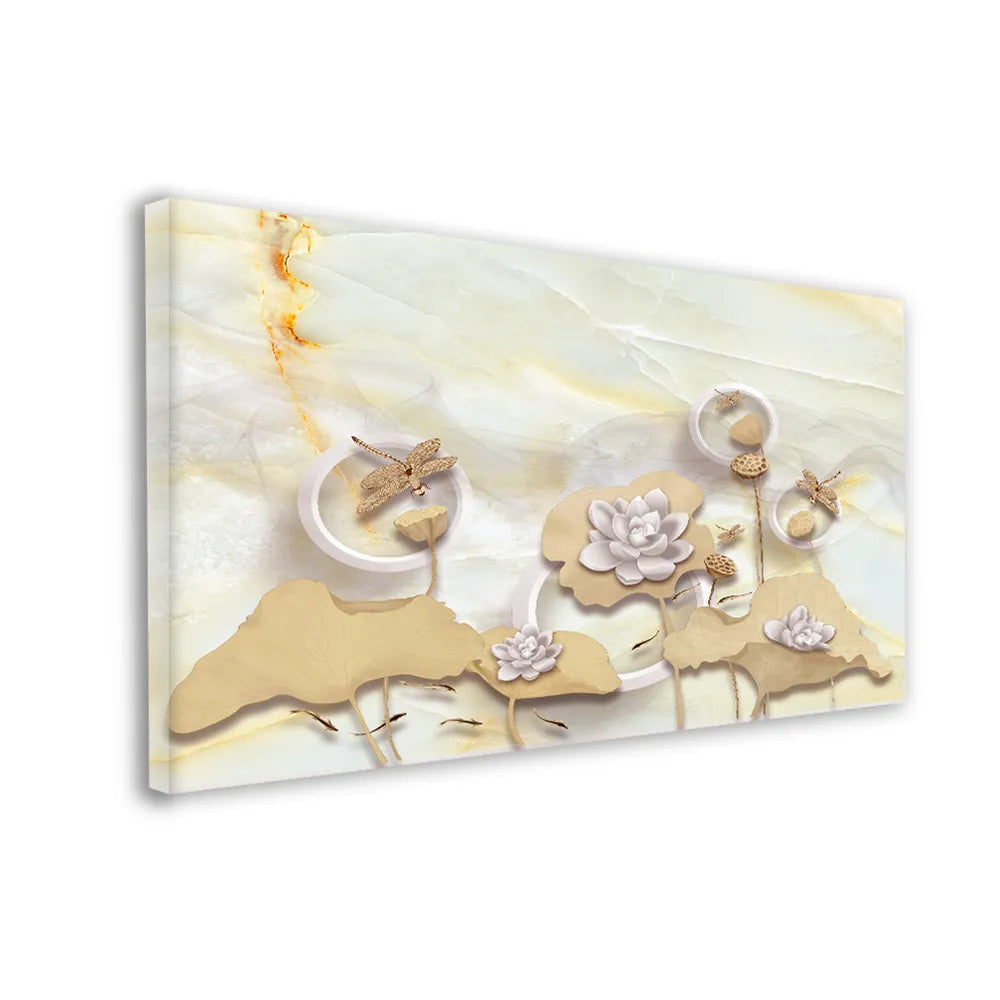 3D Illustration Marble Background with White Rings, Beige Leaves, Fairy Flowers & Goldfish | Size 2x4 Feet
