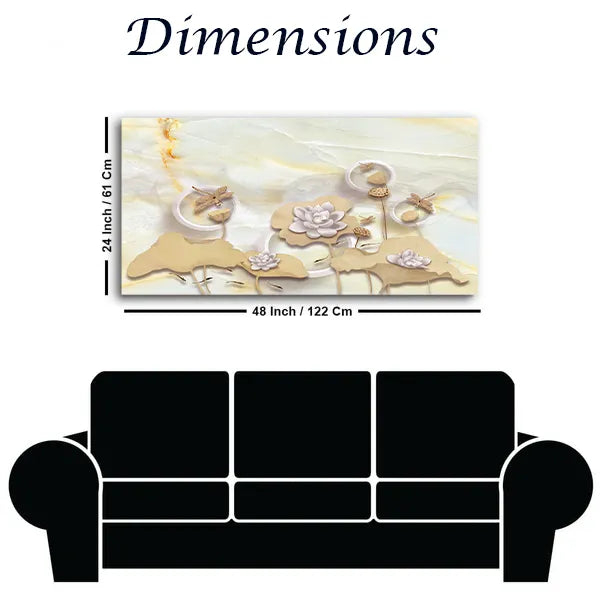 3D Illustration Marble Background with White Rings, Beige Leaves, Fairy Flowers & Goldfish | Size 2x4 Feet