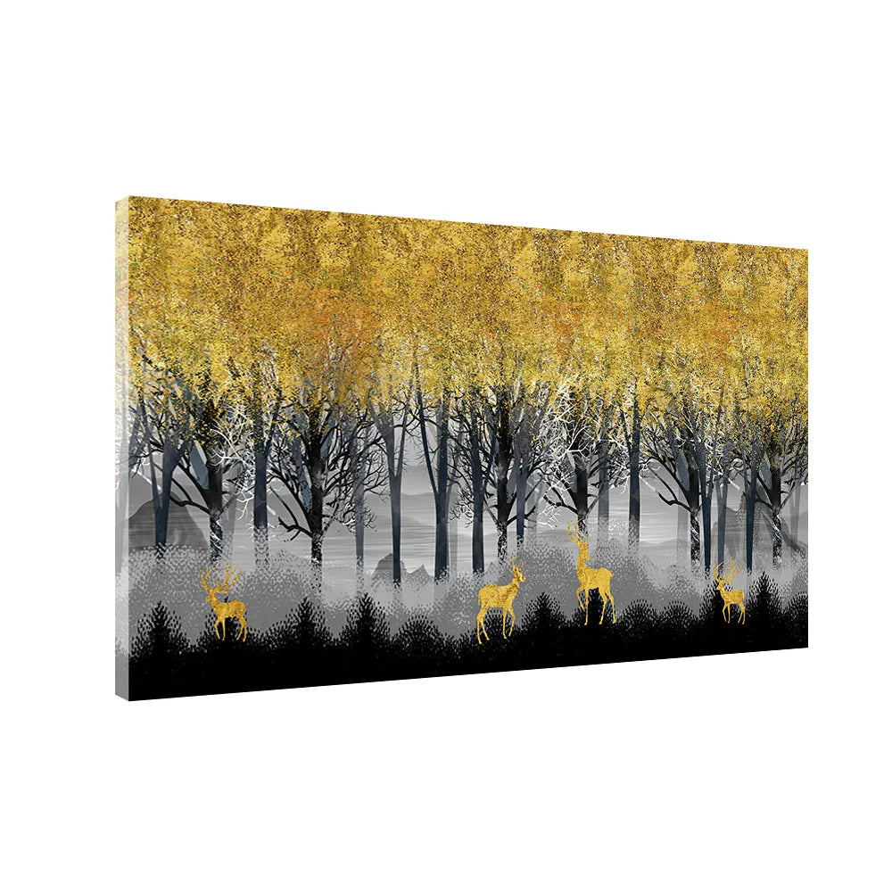 Deer Family in Misty Woods | Modern Nature Wall Decor Canvas