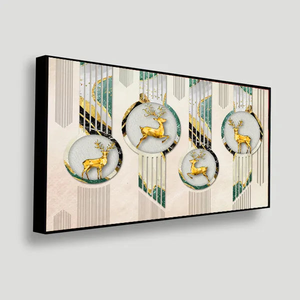 3D Golden Deer Circles Wall Art | Size 2x4 Feet