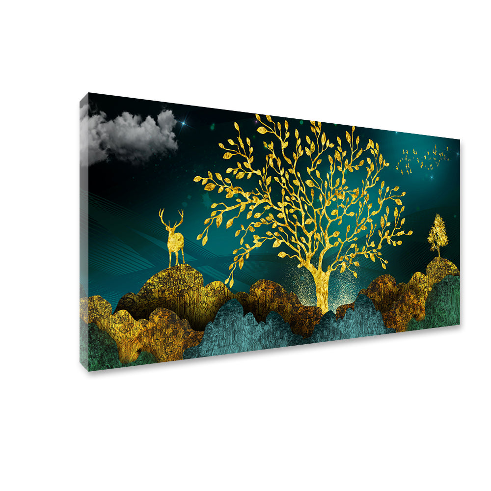 3D mural wallpaper with golden trees, deer, hills & mountains in vintage | Size 2x4 Feet