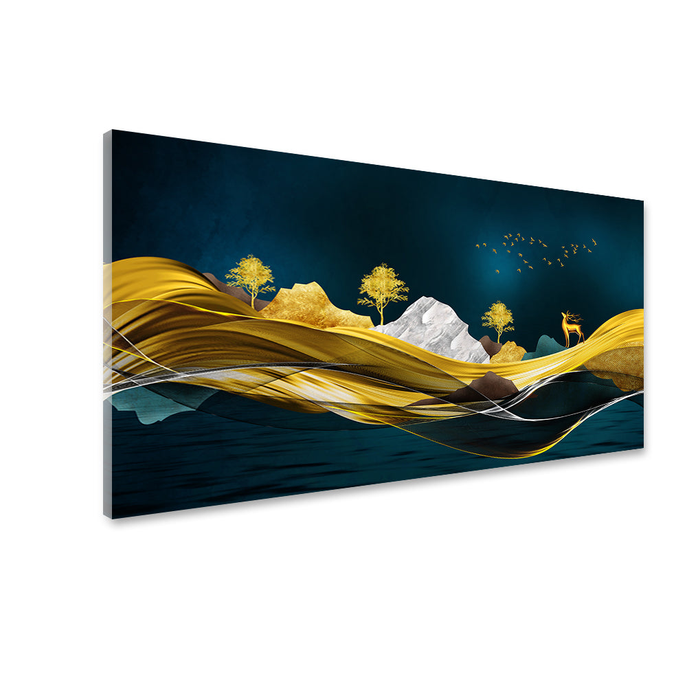 Green & Blue Mountains Landscape on Black Background | Illustration Canvas Wall Art | Size 2x4 Feet