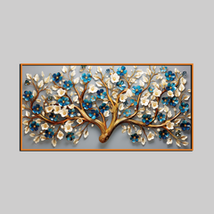 Luxury 3D Blooming Tree Wall Art – Gold Trunk with Blue and White Flowers on Grey Canvas