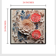 3D Floral Wall Art – Layered Beige and Coral Paper Flowers with Botanical Accents in Black Frame