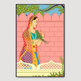 Beautiful Queen With Parrot Madhubani Painting /  Canvas Print  Stretched on Wood Bars 61 x 41cm