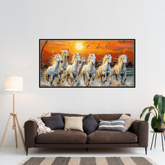 Premium 7 Running Horses at Sunrise Vastu Canvas Wall Painting with Floating Frame