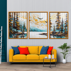 Abstract Mountain Lake Landscape with Pine Trees and Soaring Birds-3-Piece Framed Canvas Acrylic Wall Art