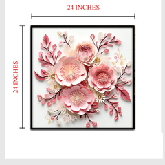 3D Floral Wall Art – Elegant Pink and Blush Paper Flower Arrangement with Dark Rose Accents in Black Frame