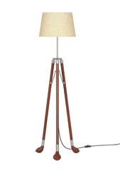 Golf Legs Tripod Floor Lamp Standing Wooden Brown Polished Silver with 12 Inches Jute Lampshade