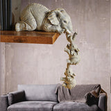 Premium Set of 3 Realistic Elephant Sitter Figurines – Hand-Painted Mother Elephant with Two Baby Elephants Hanging from Shelf/Table – Decorative Showpiece for Living Room