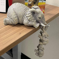 Premium Set of 3 Realistic Elephant Sitter Figurines – Hand-Painted Mother Elephant with Two Baby Elephants Hanging from Shelf/Table – Decorative Showpiece for Living Room